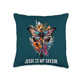 God is Good Christian Gifts and Apparel Jesus is My Savior Butterfly Cross Religious Shirts for Wome Throw Pillow, 16x16, Multicolor