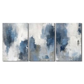 Zessonic Abstract Navy Blue Grey Framed Canvas Wall Art - Modern Minimalist Paintings Brush Stroke Artwork for Home Decor, Living Room Bedroom Office - 16x24 Inch Set of 3