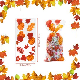 100 Pieces Thanksgiving Fall Cellophane Bags, Maple Leaves Pumpkin Printed Clear Treat Bags, 4 Design Goodie Candy Cello Bag with Twist Ties for Thanksgiving Favor Autumn Theme Party Supplies