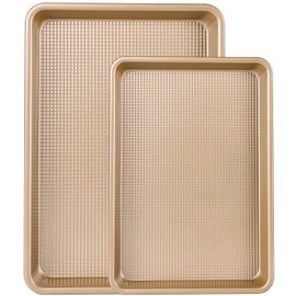 Biubumtu 2 Piece Professional Baking Pan Set, Nonstick Bakeware Set, Heavy Duty Cookie Sheets for Baking, 9x13in, 10x15in, Textured, Gold