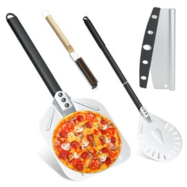4PCS Pizza Oven Accessories, Yofuly 12 Inch Perforated Pizza Peel, 9 Inch Round Turning Peel, Pizza Stone Cleaning Brush with Scraper, Rocker Cutter, Homemade Pizza Supplies Tools Kit