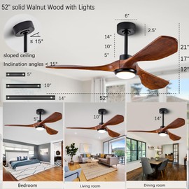 Ceiling Fans with Lights and Remote,52 Inch Unique Wood Ceiling Fan with Noiseless Reversible DC Motor,3 Blades,3 Downrods, for Farmhouse,Patio Living Room, Bedroom, Office,Indoor Outdoor（Walnut）