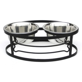NMN Designs - Bone Double Diner Pet Feeding Station - Size Small, 5 Inches Tall w/ 1 Quart Food-Safe Stainless Steel Bowls with Rubber Gasket, Black, Metal Elevated Pet Bowl Set – Qty 1