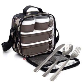 PracticFood Urban Food Kit 18/0 Stainless Steel Cutlery Set - Cool Bag for Food with 4 Airtight Lids, Camouflage