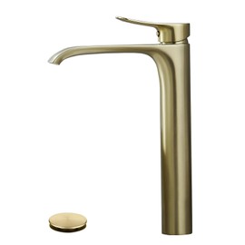 Vessel Sink Faucet, NEWRAIN Brushed Gold Waterfall Tall Bathroom Sink Faucet, Single Hole 1 Handle Tall Vanity Faucet, Brass Vessel Faucet with Water Supply Hose and Pop Up Sink Drain