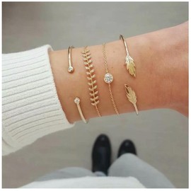 Yheakne Vintage Layered Gold Bangle Chunky Gothic Herringbone Bracelet Arrow Leaf Bracelet Adjustable Leaf Open Bracelet Chevron V Arrow Bracelet Set Jewelry for Women and Girls (Gold A)