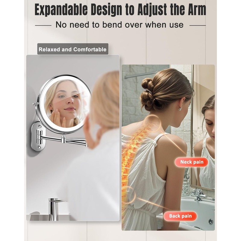 30X/1X Wall Mounted Lighted Makeup Mirror, 8'' Double Sided Rechargeable