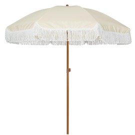 AMMSUN 7ft Patio Umbrella with Fringe Outdoor Tassel Umbrella UPF50+ Premium Steel Pole and Ribs Push Button Tilt, Light Beige