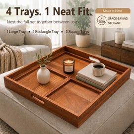 VERSSUER 4-in-1 Acacia Wood Serving Tray, 20 Inch Large Square Wood Ottoman Tray, Serve Tea, Coffee Classic Wooden Decorative Serving Tray