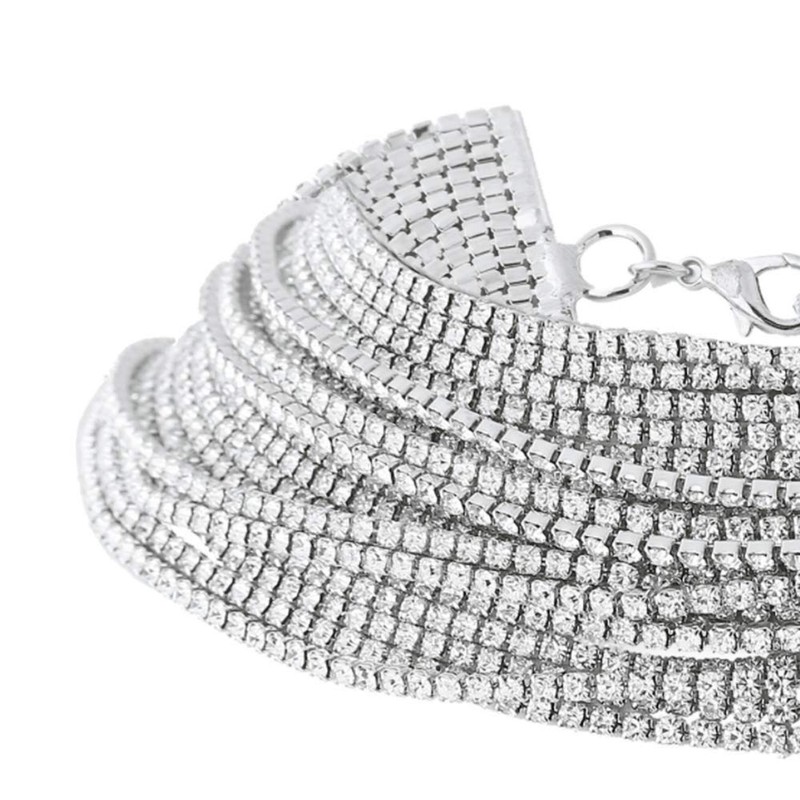 (Silver) - YERTTER Multi Layered Chain Rhinestone Choker Fully Diamond