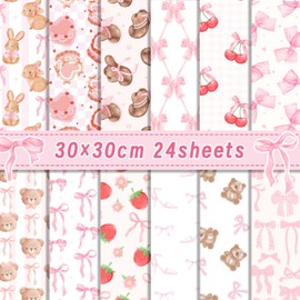 24 Sheets Pink Bow Scrapbook Paper Pink Cute Rabbit Bear Cherry Strawberry Patterned Paper for Card Making Scrapbook Photo Album Journal DIY Craft, 11.8 × 11.8 Inches