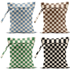 4 Pack Cute Wet Bag Waterproof Washable Reusable Wet Dry Bag for Swimsuit Dirty Clothes Diaper Travel Pool Sport Gym Christmas Birthday Party Camping Toiletries Beach Essentials, Colorful Checkered