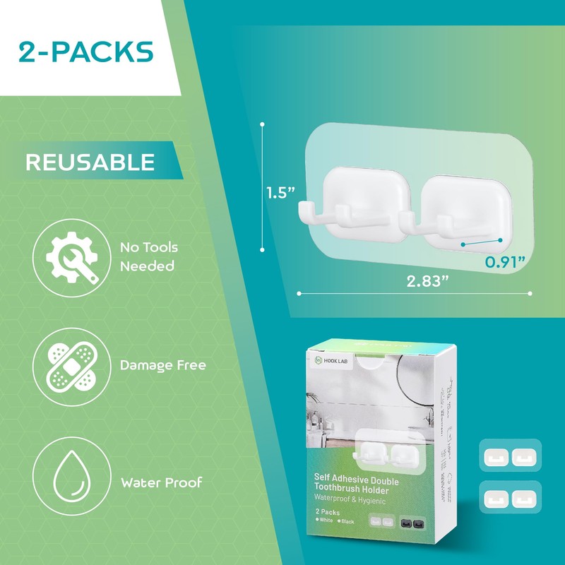 Hook LAB Self Adhesive Double Toothbrush Holder 2 Pack -