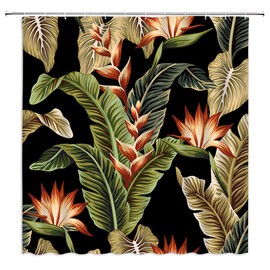 Tropical Shower Curtain Green Banana Leaf Floral Black Backdrop Exotic Vintage Jungle Plant Red Strelitzia Green Fabric Bath Curtains Bathroom Polyester with Plastic Hooks 70x70Inch