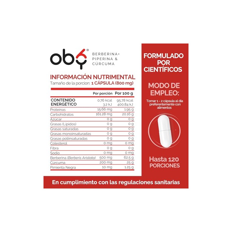 Berberina HCl Pura 120 caps Potenciada con Piperina y Cúrcuma