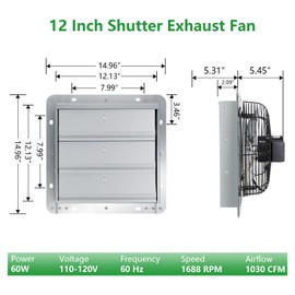 Aibabcue Shutter Exhaust Fan with Thermostat & Speed Control, 1030 CFM,1688RPM, Upgrade 12 inch Wall Mount Attic Vent Fan for Chicken Coops, Greenhouse, Gable, Barn, Garage, Shed Ventilator