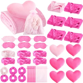 Fanfanwin 36 Pcs Sleepover Party Supplies for Girls 6 Throw Blanket 6 Spa Headband 6 Heart Pillows 6 Scrunchies 6 Sleep Eye Mask 6 Organza Bag for Spa Birthday Slumber Party Favors(30 Hot Pink 6 Pink)