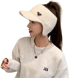 YUSSTAR Open Beanie with Earflaps Visor Brim Bun Ponytail Winter Golf Tennis Hats Women (White)