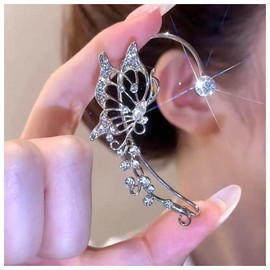 Andelaisi Boho Crystal Butterfly Ear Climber Earrings Silver Cz Butterfly Cuff Wrap Earrings Silver Rhinestone Butterfly Cuff Earrings Bling Cz Butterfly Crawler Cartilage Earrings Jewelry(Right)
