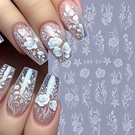 Lace Flower Nail Art Stickers 6 Sheets Black White Floral Leave Decals for Nail Art Self-Adhesive Gothic Nails Sticker 5D Embossed Lace Charms Designs Manicure Supplies for Women Valentine