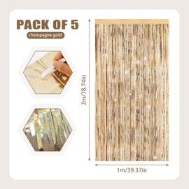 5 Pcs Gold Tinsel Curtains 3.2ft x 6.5ft Champagne Gold Foil Curtain Streamers Metallic Foil Curtains Party Decorations Hanging Foil Flow Silk Streamers for Birthday Wedding Holiday Party