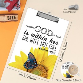 Plastic Clipboard Plus a Cute Coaster and Pen Clip, A4 Letter Size Clipboard with Retractable Hanging Hole for Nurses/Students/Office and Women, Decorative Pattern (Psalm 46:5 Sunflower）