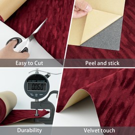 WESTICK Red Velvet Flocking Fabric Wallpaper Vintage Self Adhesive Velvet Drawer Liner Removable Textured Felt Flocked Peel and Stick Red Wallpaper for Bedroom DIY Crafts Shelf Cabinets 12"X80"