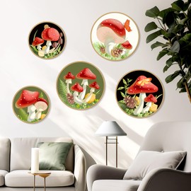 Zzbakress 5 Pcs Boho Wall Decor Farmhouse Wooden Round Bathroom Decor Vintage Bohemian Wall Hanging Decor for Living Room Modern Geometric Wall Decoration Aesthetic Minimalist Wooden Wall Art for Bedroom Apartment Office (Mushroom, 5)