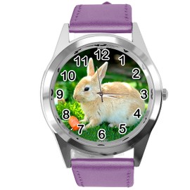 TAPORT Purple Leather Round Quartz Watch for Rabbits Fans e2