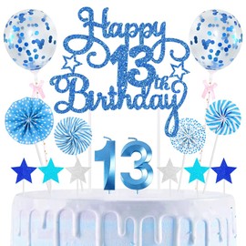 13th Geburtstag Kuchen Dekoration Kuchen Toppers Zahl Kerzen Birthday Torten Dekoration Sternen Papierfächer Ballon Torte Toppers Kuchendeko für 13. Geburtstag Dekorationen Party Zubehör, Blau