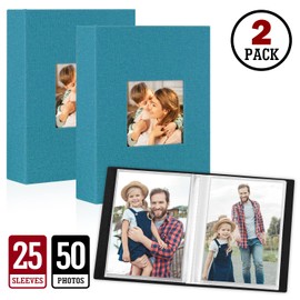 Lanpn Photo Albums 7x5 Pockets, Linen Slip in Top Loading Photo Album Holds 50 Portrait 13x18cm Pictures (Teal, 2 Packs)