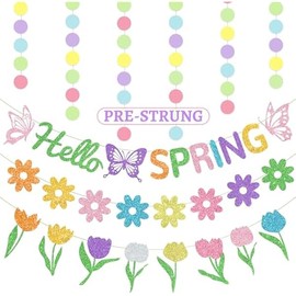 5PCS Pre-Strung Hello Spring Banner, Spring Party Decorations Spring Decorations with Hello Spring Flowers Tulips Banner Circle Garland - Spring Decorations for Office Classroom Easter Party Home