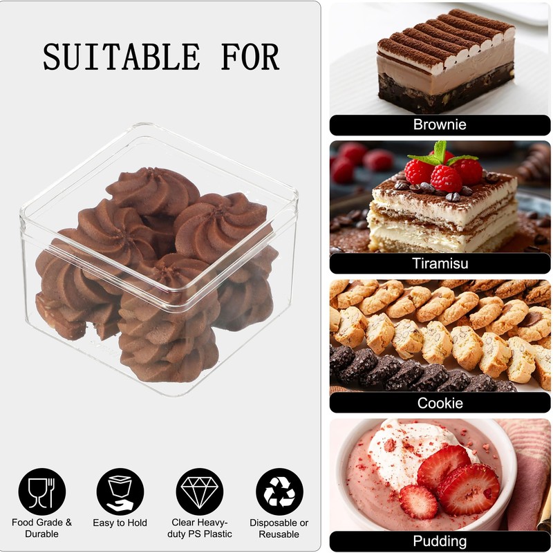 FZJ 50 Pack 15OZ Square Clear Plastic Dessert Cups with