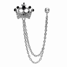Crystal Crown Hanging Chain Brooch Suit Pin,Vintage Gold Crown Brooch,Suit Stud,Shirt Studs,Lapel Pin Accessories for Men Women (Silver Black)