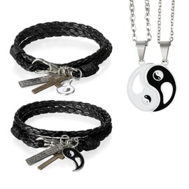 Aroncent Couple Leather Bracelet For Men and Women Yin Yang Black 2PCS and 2 Pendant Necklaces for Valentine's Day