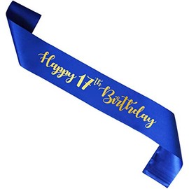 Blue Happy 17th Birthday sash, Gold Foil Boy Girl 17 Years Birthday Gift, Party Supply, Accessories