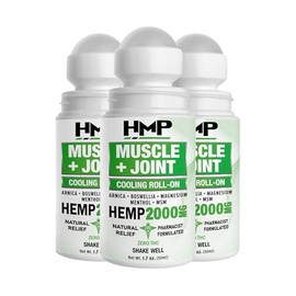 HMP Muscle & Joint Cooling Roll On - 2000MG Natural Formula with Menthol & Arnica - Fast Acting Hemp Support for Back, Shoulder & Knee - Made in USA (3 Pack)