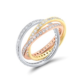 Santuzza 925 Sterling Silver Twisted Ring Tri-Tone White Cubic Zirconia Statement Ring for Women (6)