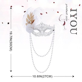IYOU Maskerade Maske für Damen Weiß Maskerade Masken Feder Fasching Maske mit Perle Ketten Venezianischen Karneval Ball Abschlussball Party Gesicht Zubehör
