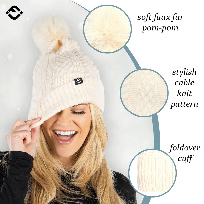 Funky Junque Cable Knit Fleece Lined Pom Beanie - Beige