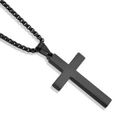 Raymard High Polished Cross Necklace for Men, 316L Stainless Steel Christian Pendant Jewelry for Men, 24" Rolo Chain Religious Jewelry-Black