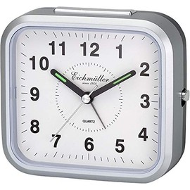 Eichmüller Since 1950 Classic Analogue Alarm Clock with Light, Luminous Hands and Rising Alarm Sound, Square with Rounded Corners, Colour: Silver