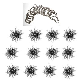 **New Item** Wild Flower with Black Stone Center Shower Curtain Hook Add-on - Antique Silver Finish - 12pcs - ** Free Roller Ball Chrome Shower Curtain Hooks with Purchase