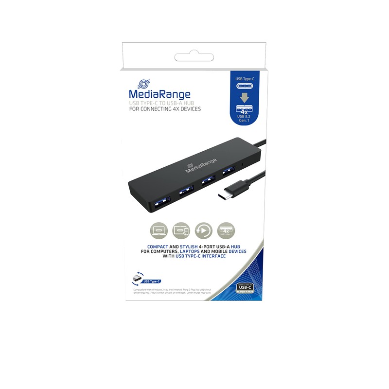 MediaRange USB Type-C to USB 3.0 Splitter 1:4, Bus-Powered, Black
