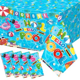 Tingjoo 4 Pcs Goodbye School Hello Pool Theme Tablecloth 54 x 108 Large Rectangle Table Cover Plastic Graduate Table Cover Disposable Rectangle 2024 Table Cloth Tropical Beach Pool Party Decoration