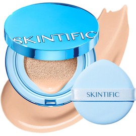 SKINTIFIC Base Cushion Velvet Matte, Polvo Ultra Cover Azul, control de grasa por 12 horas, ligera, de larga duración, resistente al agua, maquillaje coreano en cushion (01 Vanilla)