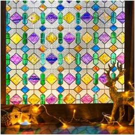 Windimiley Stained Glass Window Privacy Film:3D Colorful Geometric Decorations Static Clings Faux Opaque Frosted Floral Window Stickers Winter Sun Blocking Non Adhesive Covering(16.9x 39.4in,Colorful)