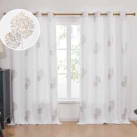 Deconovo Blackout Curtains, Decorative Silver Foil Print Room Darkening Curtain for Living Room, Room Darkening Drapes for Bedroom, Grommet TopPure White/Tree52x95 Inch, 2 Panels