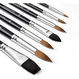 7Pcs Kolinsky Sable Watercolour Brushes, Fuumuui Professional Sable Brushes Round Pointed with Flat & Cat's Tongue Oval Wash Squirrel Hair Brushes Perfect for Watercolour Acrylic Gouache Inks Painting