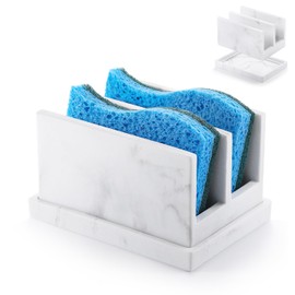 Luxspire Kitchen Sponge Holder, Dish Sponge Holder with with Drain Tray, Marble Sponge Holder for Kitchen Sink, Kitchen Sink Caddy 2 Compartments, Gravel White